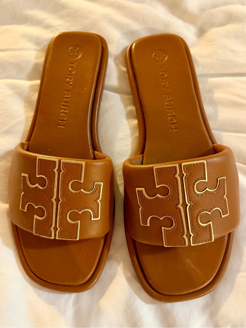 Tory Burch Size 9.5 Double-T Sport Slide Sandal in Brown Bourbon Miele Gold